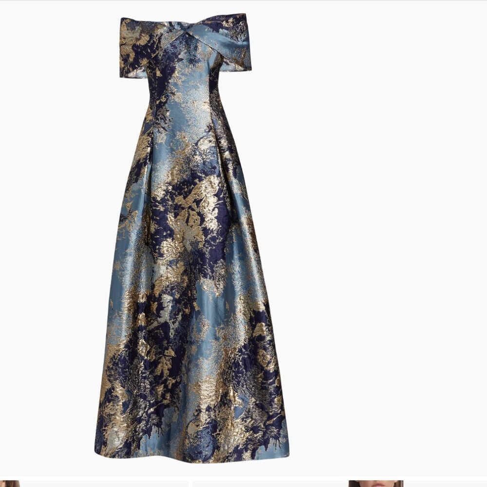 Teri Jon by Rickie Freeman Metallic Jacquard Gown in Blue Multi - size 2